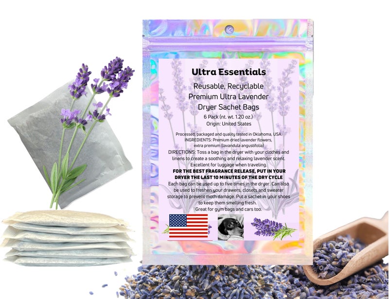 Ultra Essentials Lavender Sachet for Dryer, Naturally Scented Luggage Sachets, Closet & Drawer Fragrance, Freshens Laundry, Shoes, Gym Bags, Cars & Sweater Storage w/Premium Extra Flowers, Grown in USA (6 Pack) - Image 1